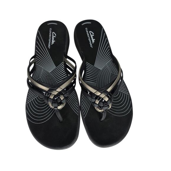 Clarks Cloudstepper Black & Pewter Slip On Strappy Braided Women's Summer Sandal - Picture 1 of 11